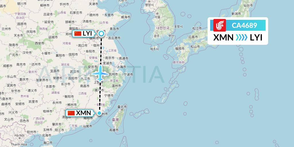 CA4689 Air China Flight Map: Xiamen to Linyi