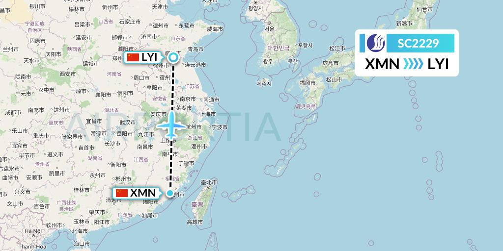 SC2229 Shandong Airlines Flight Map: Xiamen to Linyi