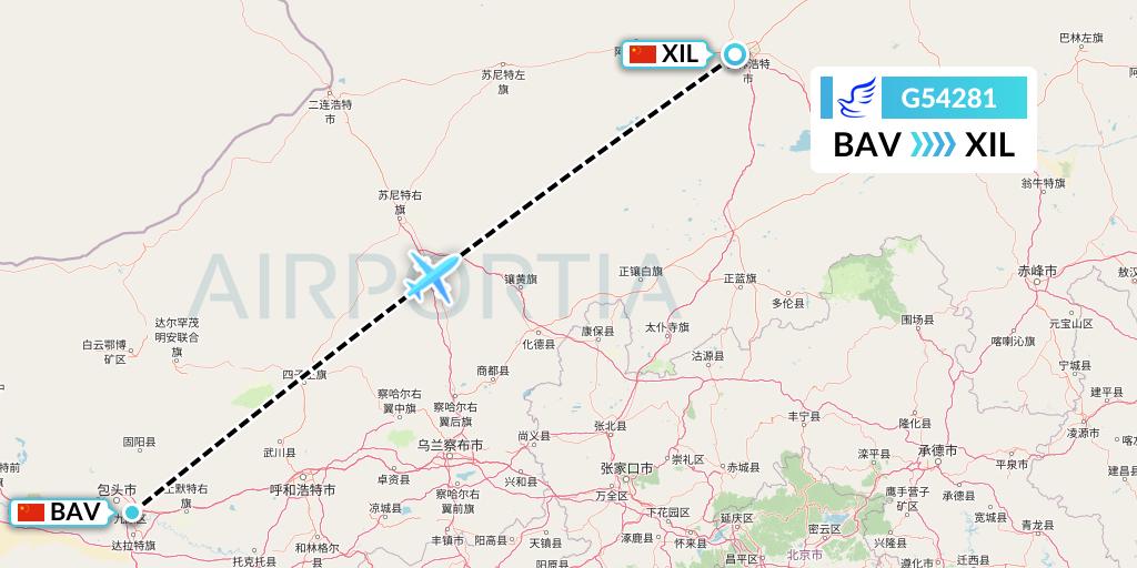 G54281 China Express Airlines Flight Map: Baotou to Xilinhot