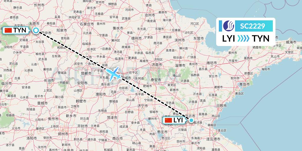 SC2229 Shandong Airlines Flight Map: Linyi to Taiyuan