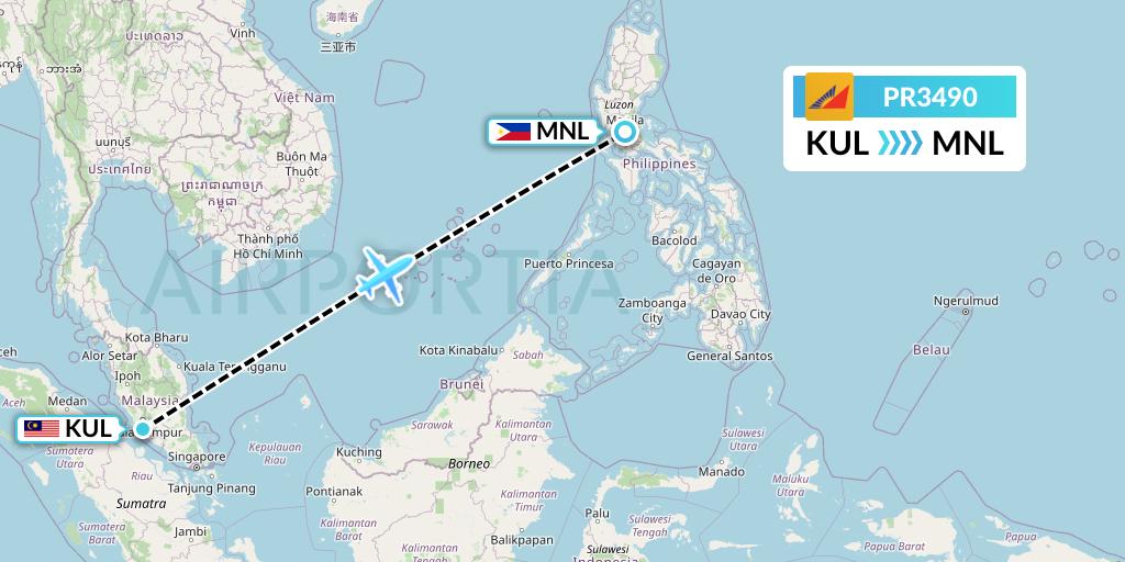 PR3490 Philippine Airlines Flight Map: Kuala Lumpur to Manila