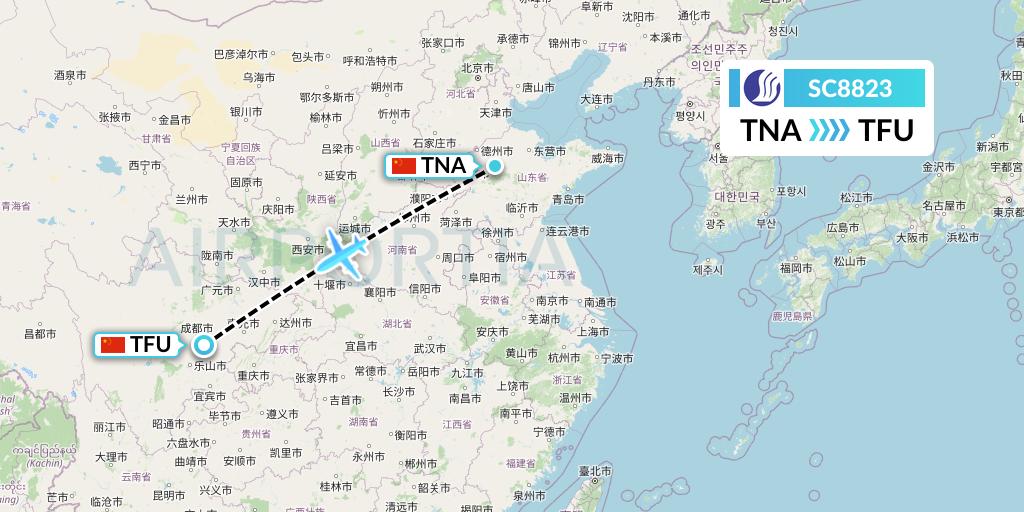 SC8823 Shandong Airlines Flight Map: Jinan to Chengdu