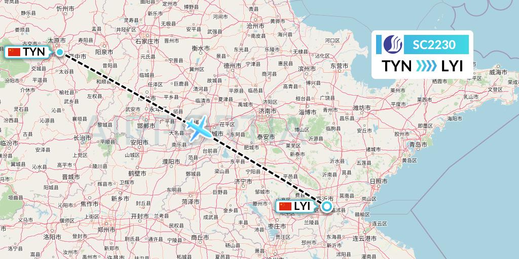 SC2230 Shandong Airlines Flight Map: Taiyuan to Linyi