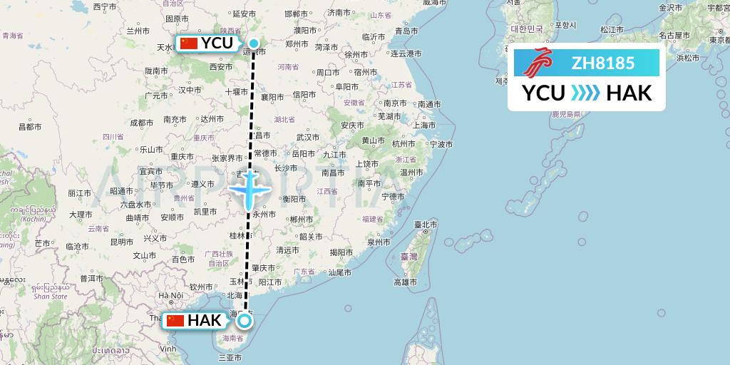 ZH8185 Shenzhen Airlines Flight Map: Yuncheng to Haikou