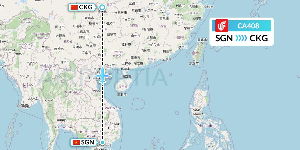 CA408 Air China Flight Map: Ho Chi Minh City to Chongqing