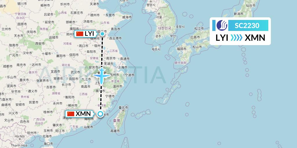 SC2230 Shandong Airlines Flight Map: Linyi to Xiamen