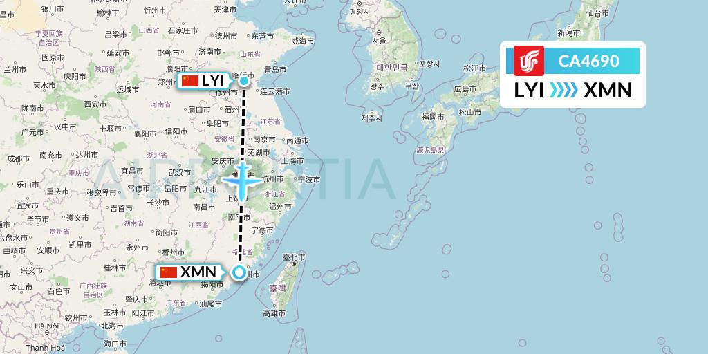 CA4690 Air China Flight Map: Linyi to Xiamen
