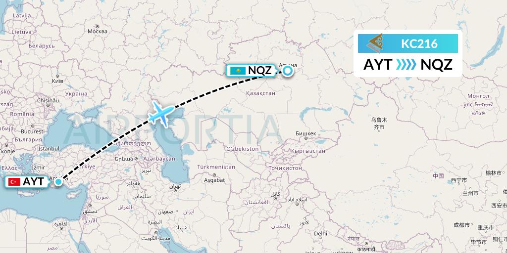 KC216 Air Astana Flight Map: Antalya to Astana