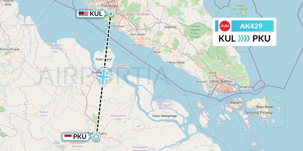 AK429 AirAsia Flight Map: Kuala Lumpur to Pekanbaru