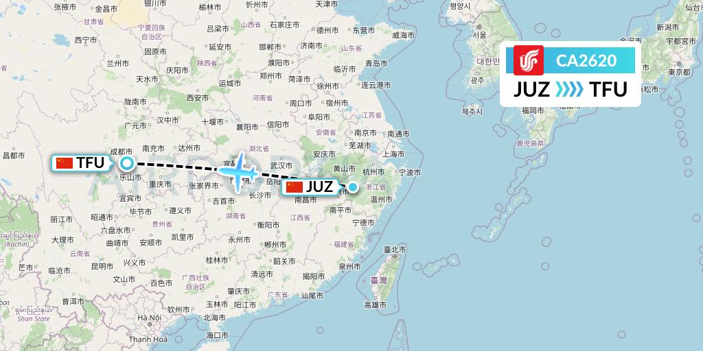 CA2620 Air China Flight Map: Quzhou to Chengdu