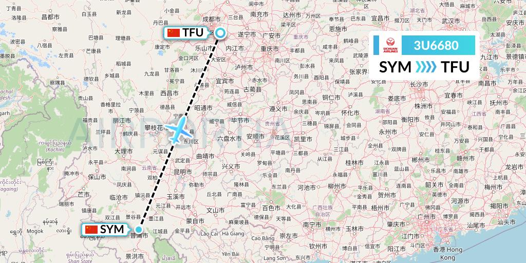 3U6680 Sichuan Airlines Flight Map: Pu'er to Chengdu
