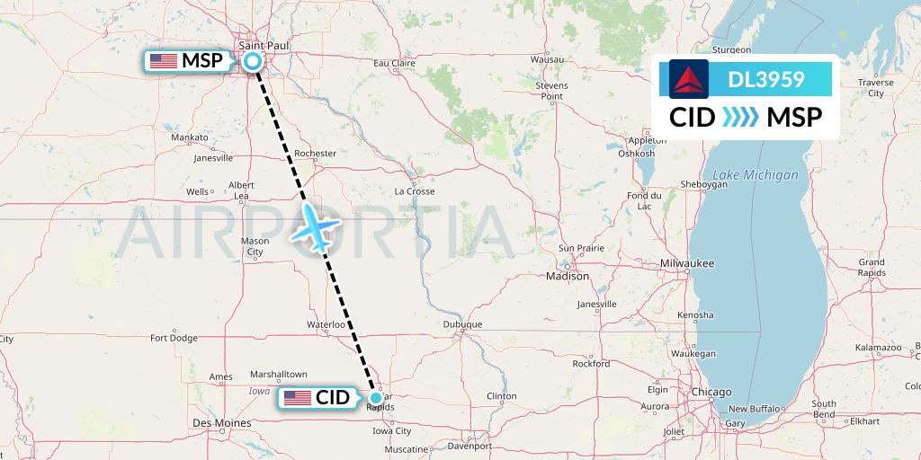 DL3959 Delta Air Lines Flight Map: Cedar Rapids to Minneapolis