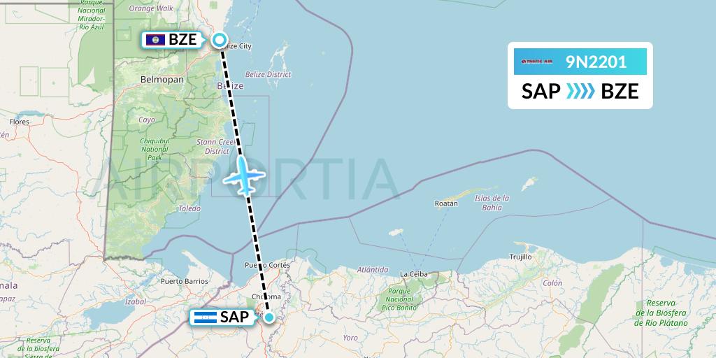 9N2201 Tropic Air Flight Map: San Pedro Sula to Belize City