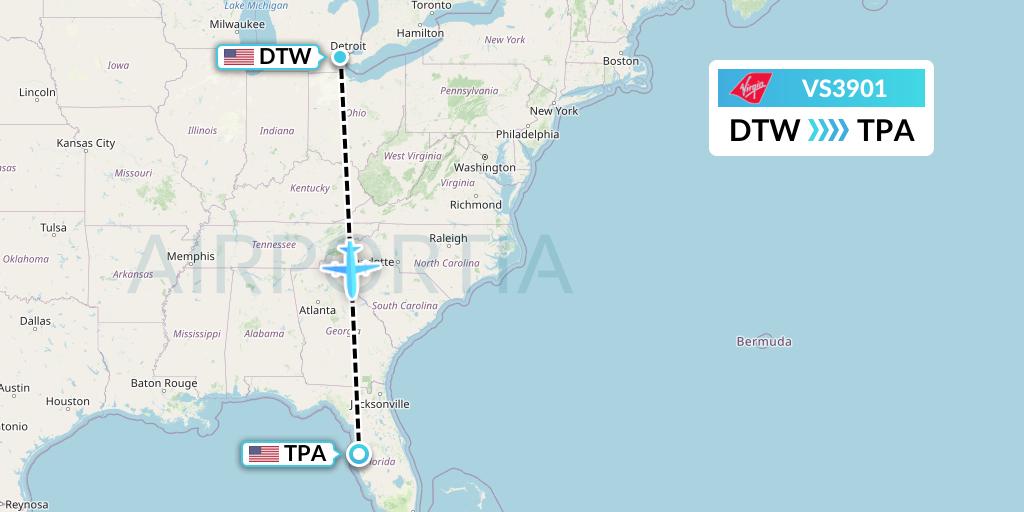 VS3901 Virgin Atlantic Airways Flight Map: Detroit to Tampa