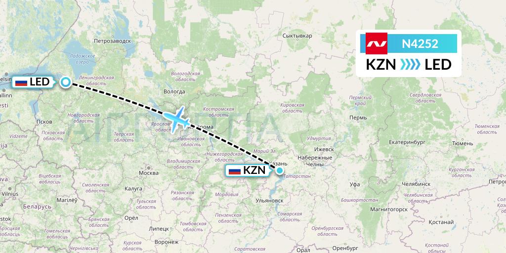 N4252 Nordwind Airlines Flight Map: Kazan to St. Petersburg