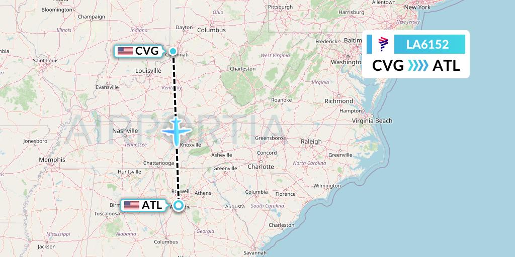LA6152 LAN Airlines Flight Map: Cincinnati to Atlanta