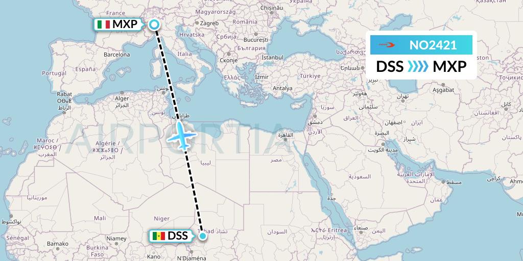 NO2421 Neos Flight Map: Dakar to Milan