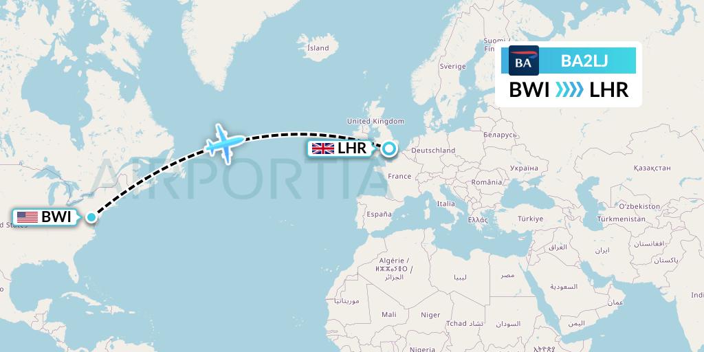 BA2LJ British Airways Flight Map: Baltimore to London
