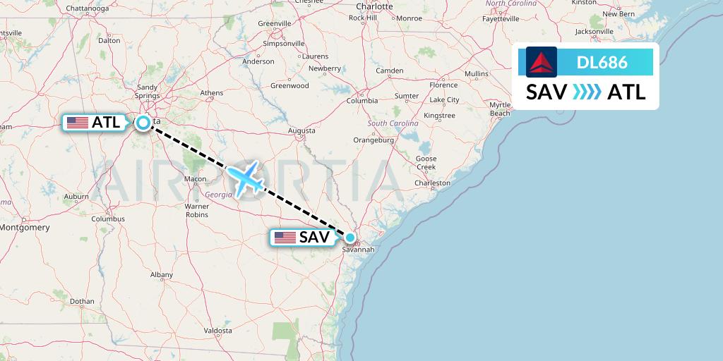 DL686 Delta Air Lines Flight Map: Savannah to Atlanta