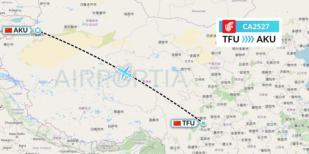 CA2527 Air China Flight Map: Chengdu to Aksu