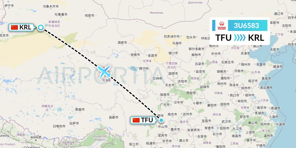 3U6583 Sichuan Airlines Flight Map: Chengdu to Korla