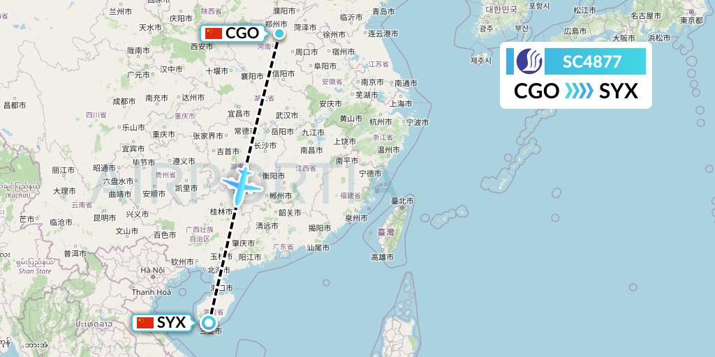 SC4877 Shandong Airlines Flight Map: Zhengzhou to Sanya