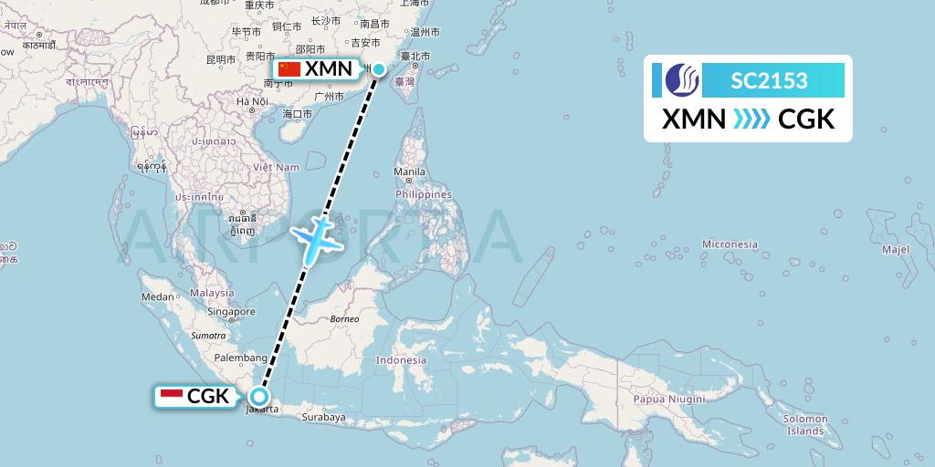 SC2153 Shandong Airlines Flight Map: Xiamen to Jakarta