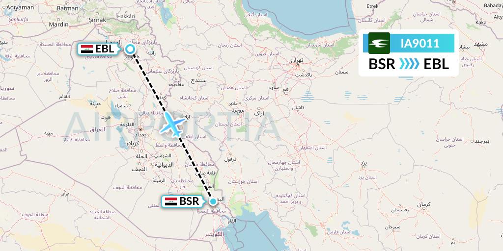 IA9011 Iraqi Airways Flight Map: Basra to Arbil