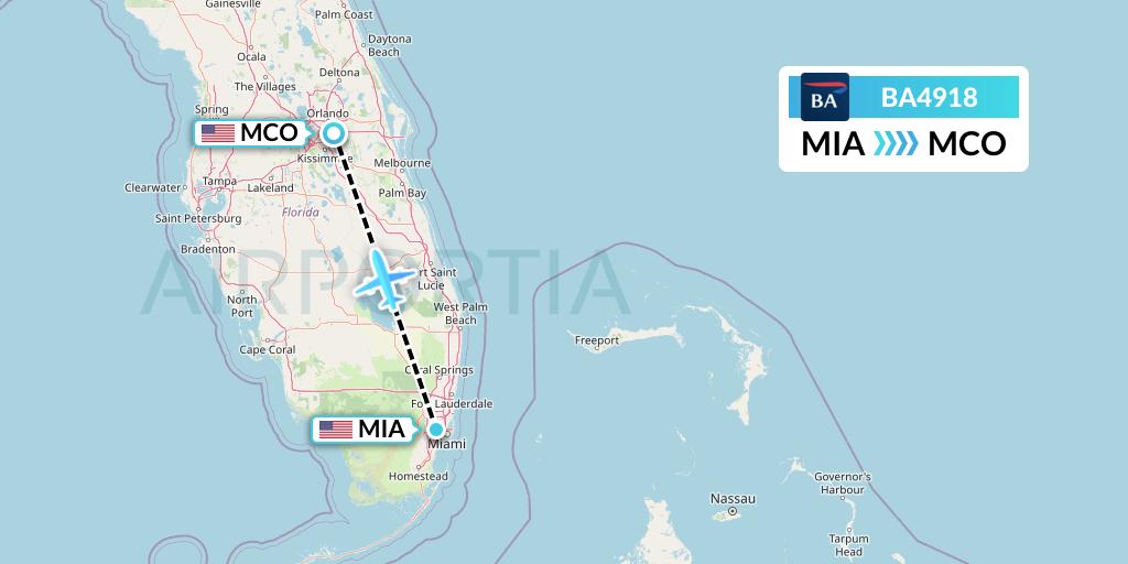 BA4918 British Airways Flight Map: Miami to Orlando