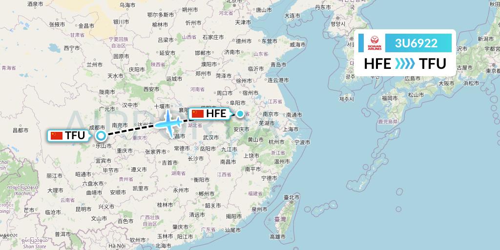 3U6922 Sichuan Airlines Flight Map: Hefei to Chengdu