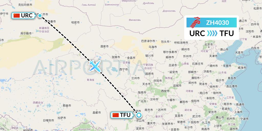 ZH4030 Shenzhen Airlines Flight Map: Urumqi to Chengdu