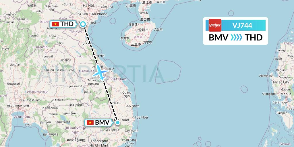 VJ744 VietJet Air Flight Map: Buon Ma Thuot to Hanoi