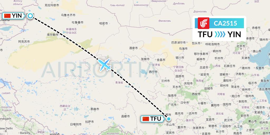 CA2515 Air China Flight Map: Chengdu to Yining
