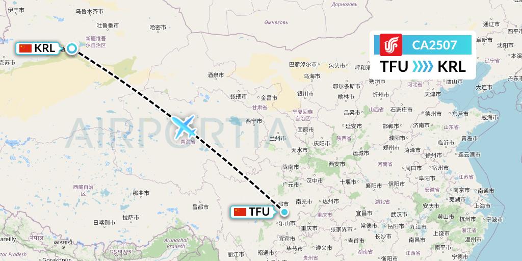 CA2507 Air China Flight Map: Chengdu to Korla