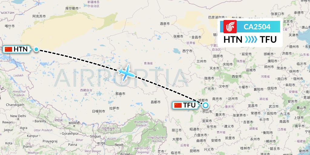 CA2504 Air China Flight Map: Hotan to Chengdu
