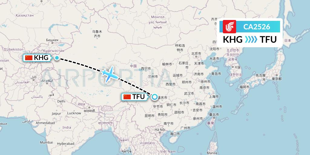 CA2526 Air China Flight Map: Kashgar to Chengdu