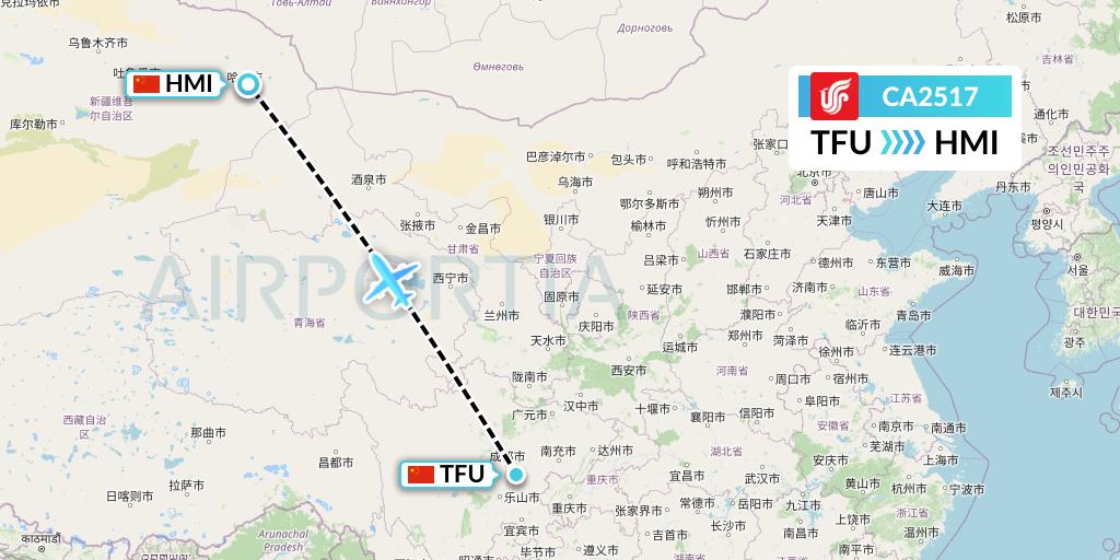 CA2517 Air China Flight Map: Chengdu to Hami City