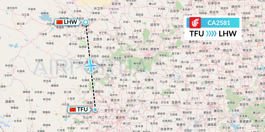 CA2581 Air China Flight Map: Chengdu to Lanzhou