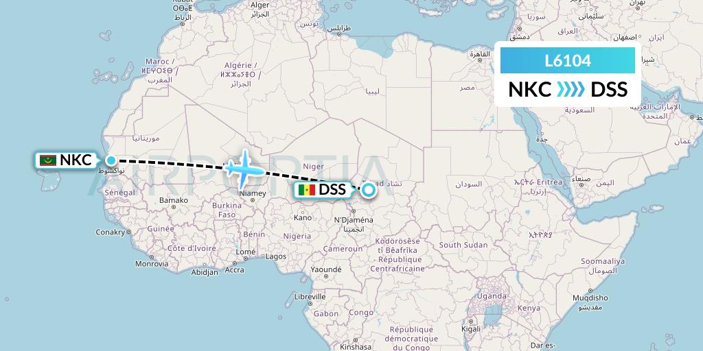 L6104 Mauritania Airlines International Flight Map: Nouakchott to Dakar
