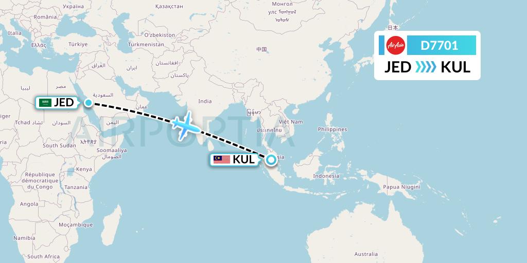 D7701 AirAsia X Flight Map: Jeddah to Kuala Lumpur