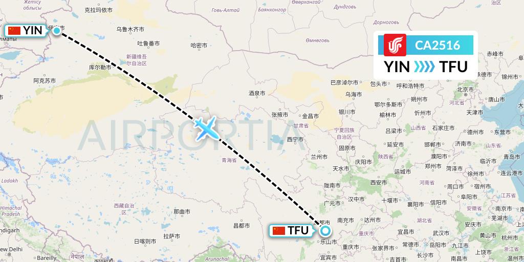 CA2516 Air China Flight Map: Yining to Chengdu