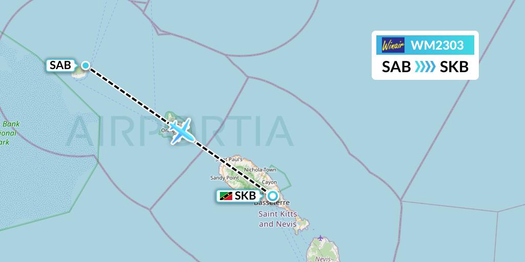 WM2303 Winair Flight Map: Saba to Basseterre