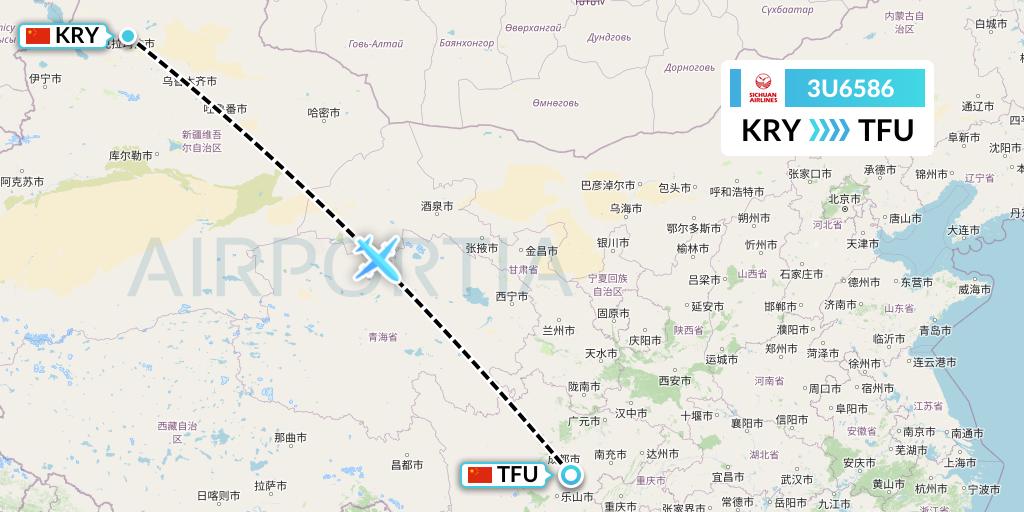 3U6586 Sichuan Airlines Flight Map: Karamay to Chengdu