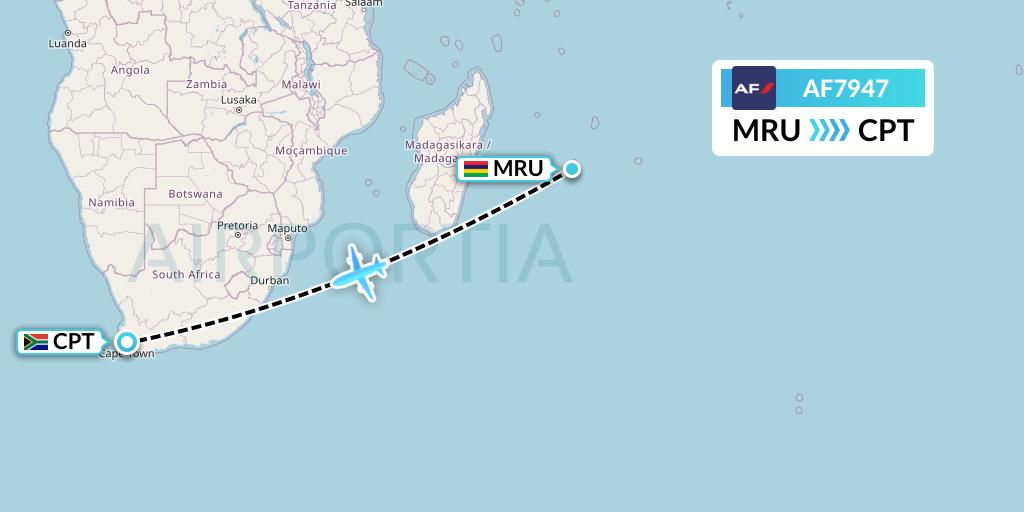 AF7947 Air France Flight Map: Port Louis to Cape Town