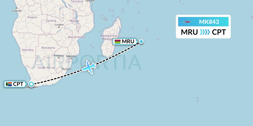 MK843 Air Mauritius Flight Map: Port Louis to Cape Town
