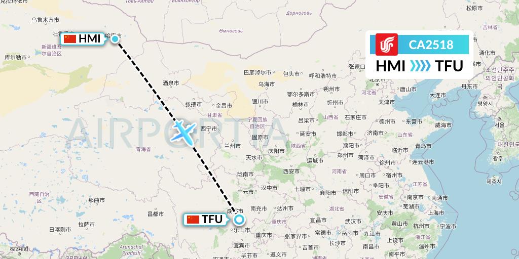 CA2518 Air China Flight Map: Hami City to Chengdu
