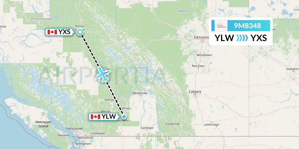 9M8348 Central Mountain Air Flight Map: Kelowna to Prince George