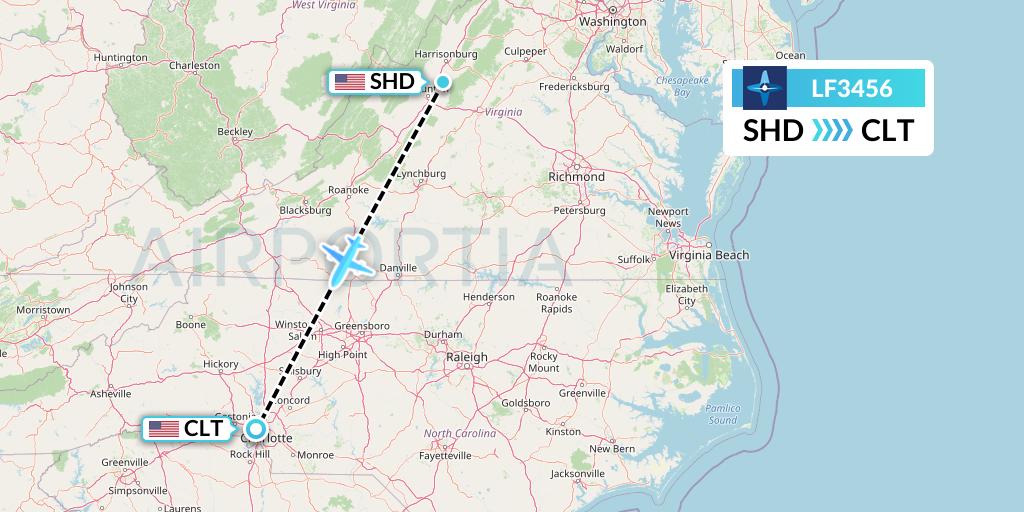 LF3456 Corporate Flight Management Flight Map: Staunton to Charlotte