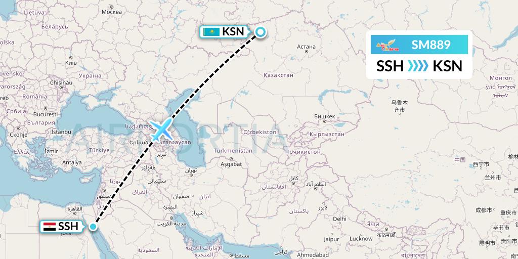 SM889 Air Cairo Flight Map: Sharm el-Sheikh to Kostanay
