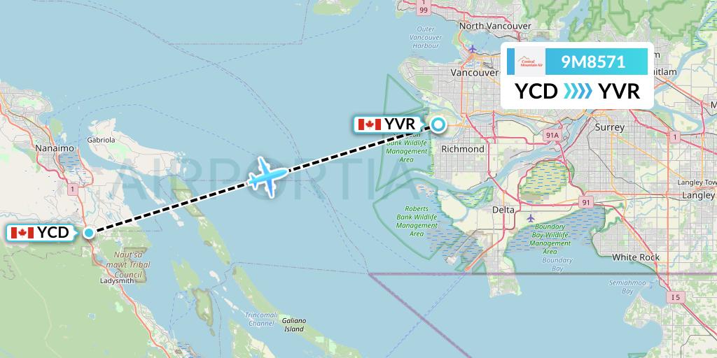 9M8571 Central Mountain Air Flight Map: Nanaimo to Vancouver